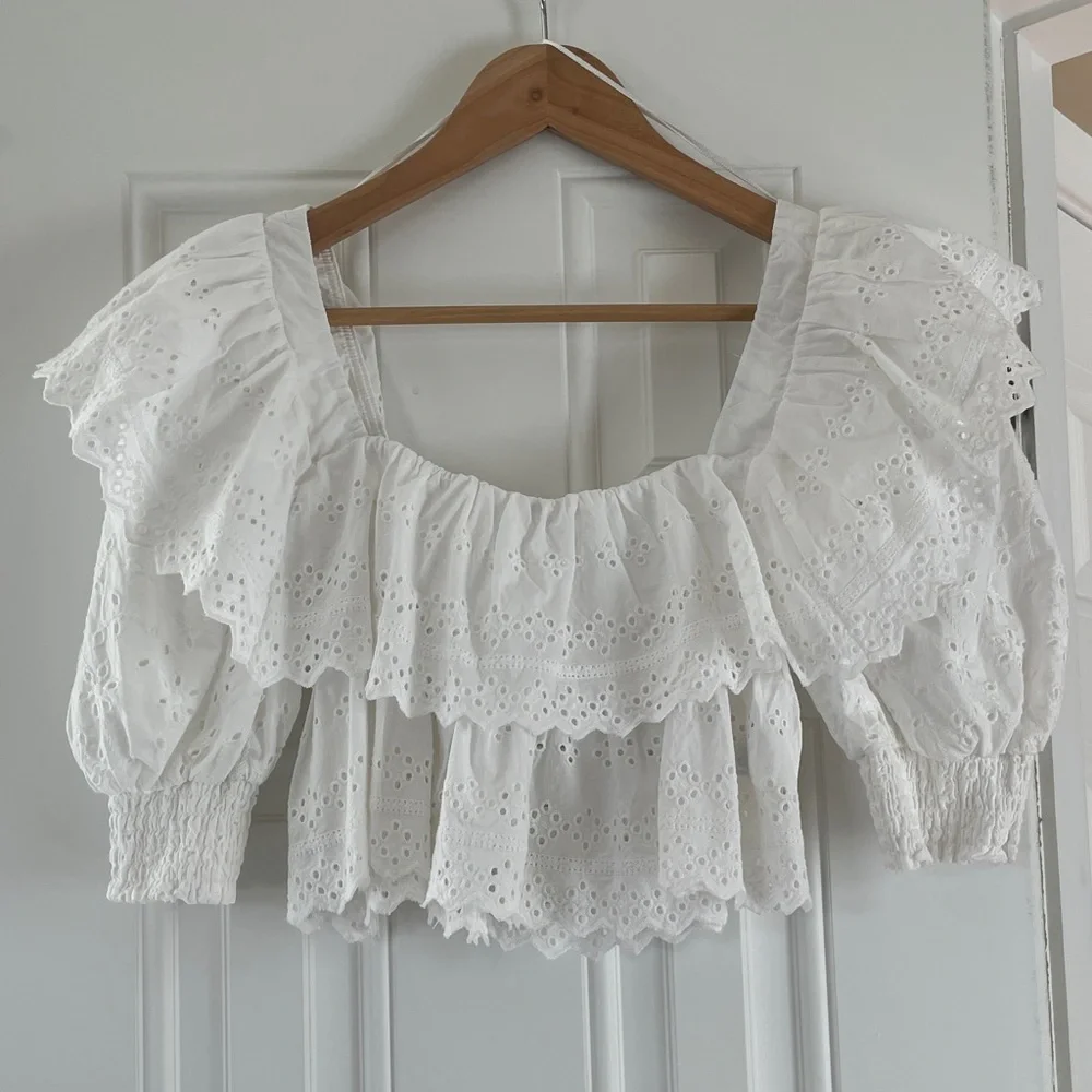 Zara White Eyelet Ruffle Peasant Top
